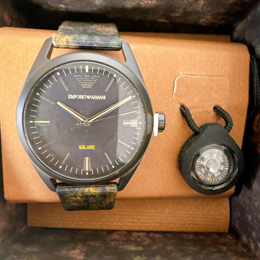 Emporio Armani AR80056 Solar Watch & Compass Necklace Gift Set Camo